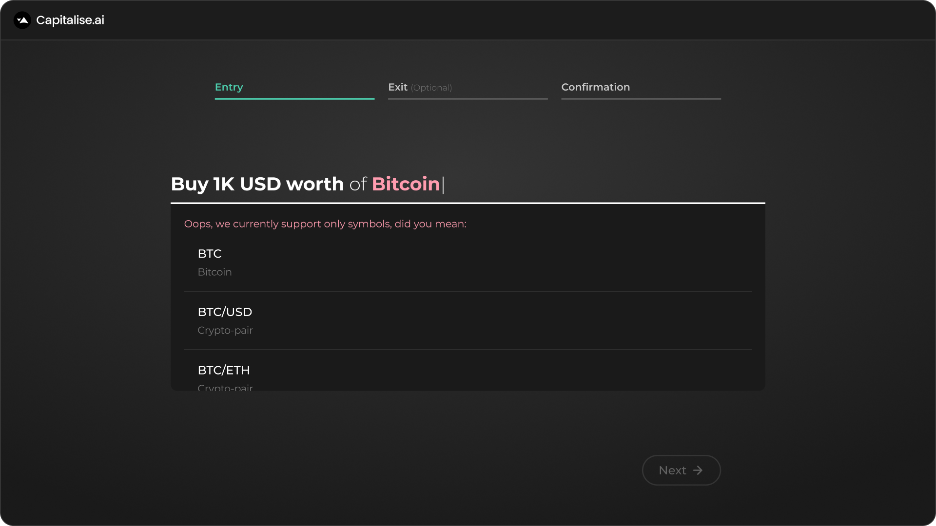 Informative error handling — symbol correction with BTC, BTC/USD, BTC/ETH suggestions