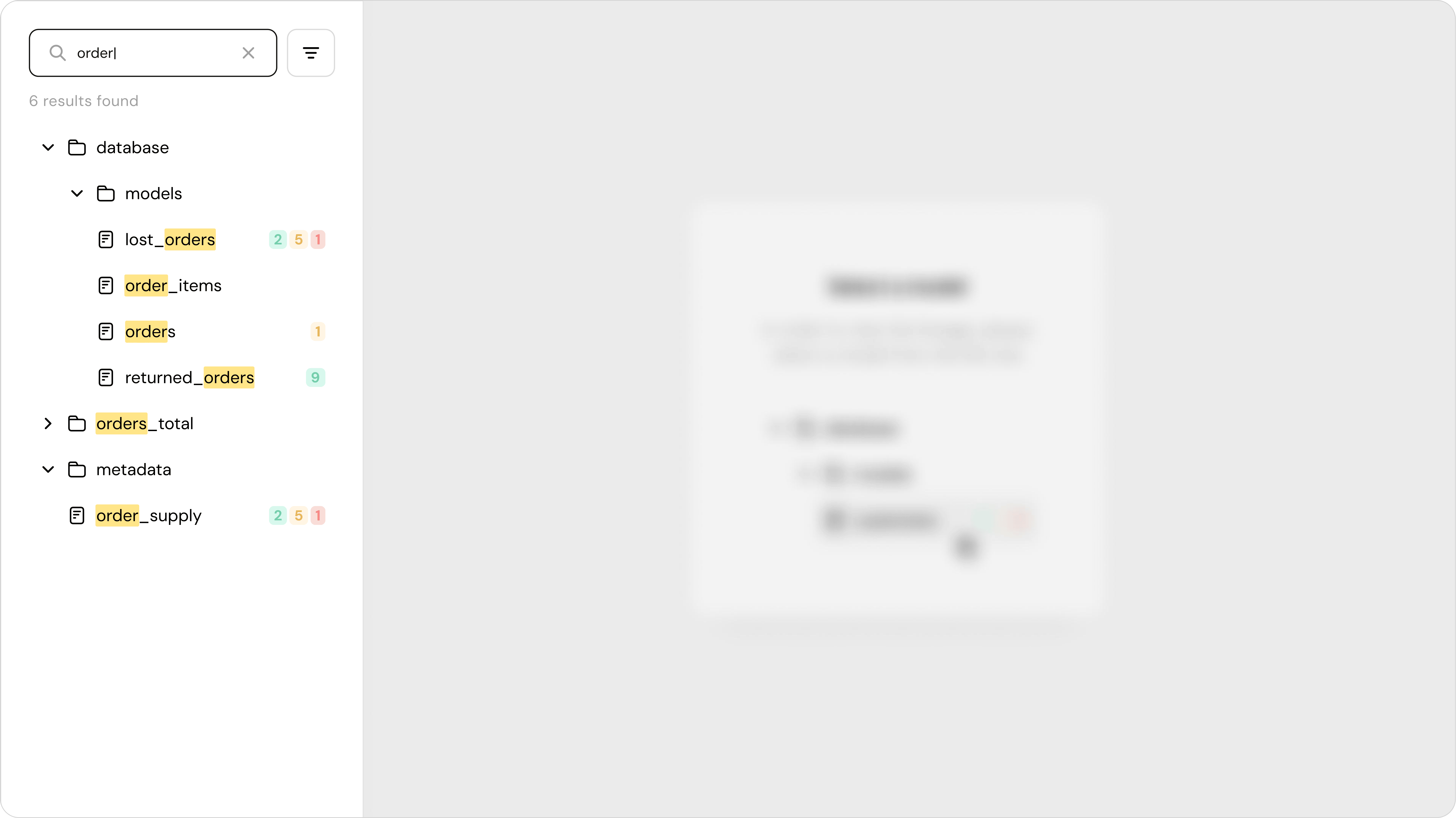 File tree with search and filters for quick model location